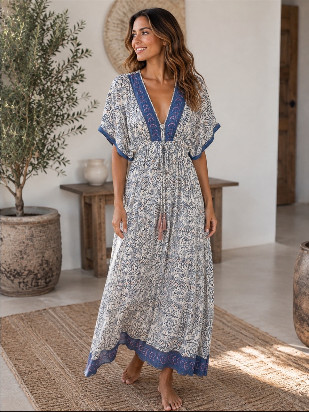 Cost Plus World Market White and Blue Paisley V-Neck Maxi Dress with Trim